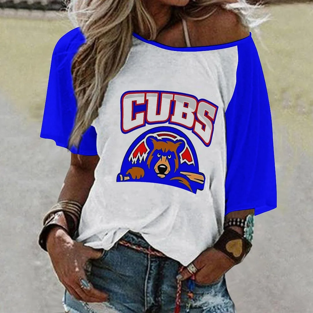 Shoulder Off  Loose Short Sleeve Casual T-shirt for Women Printed with Pattern,Blue,Red