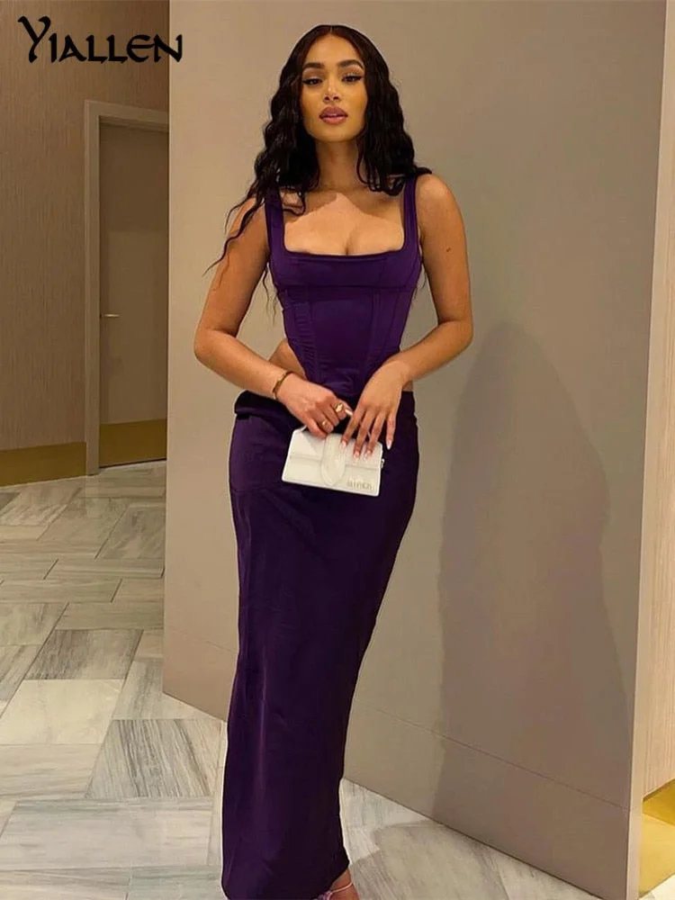 Yiallen Sexy Solid 2021 New 2 Piece Set Women Skirt And Top Mesh Corset Crop Vest Long Skirt Clothes Outfits Club Party Dresses