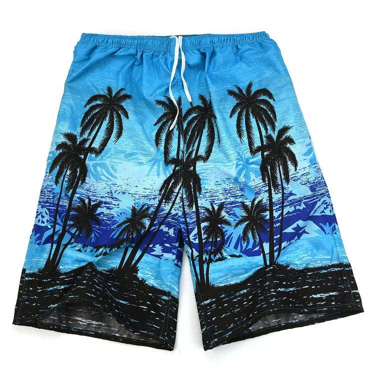 Mens Coconut Tree Elastic Waist Hawaiian Beach Shorts