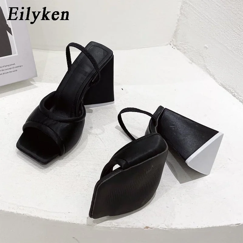 Eilyken Silk Green high heels Sandals Fashion Open Toe Triangle Square Heels Back Strap Women Sandals Dress Shoes