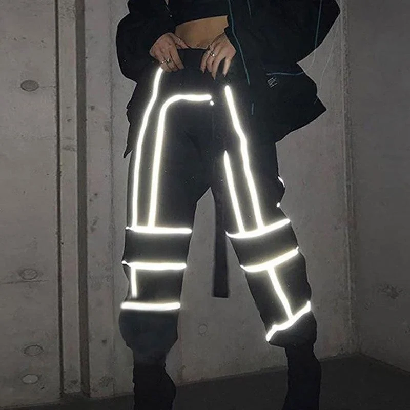 Gentillove Women Fashion Reflective Hip Hop Cargo Pants Autumn Loose Harem Pants Loose Trousers Sweatpants Joggers Streetwear 1011-1