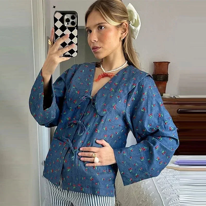 Huiketi Doll Collar Lace Up Bow Shirts Women Flower Hollow Out Pocket Female Blouses 2024 Spring Summer Vintage Lady Floral Tops