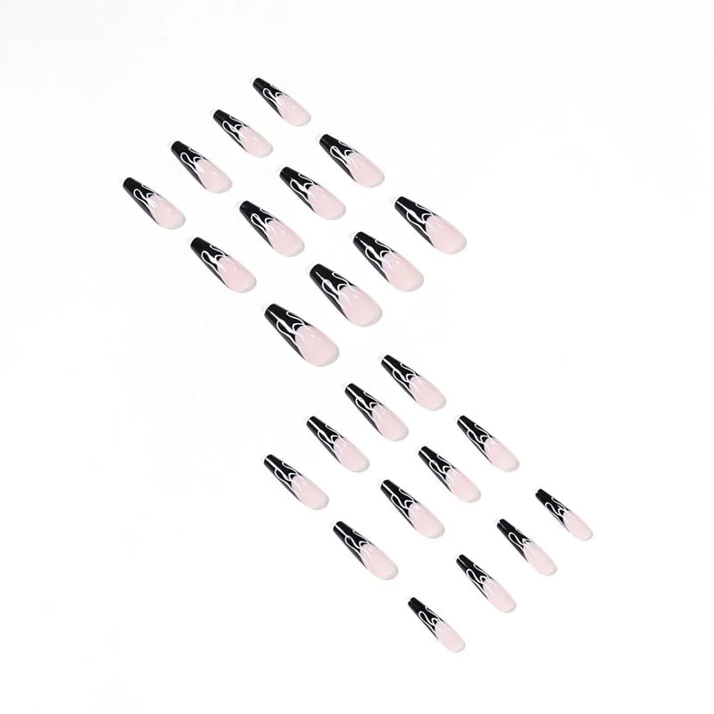 24pcs Black French False Nails Extra Long Fire Pattern Coffin Fake Nails Fingernail DIY Faux Ballerina Nail Art Tips-Nail Inspo