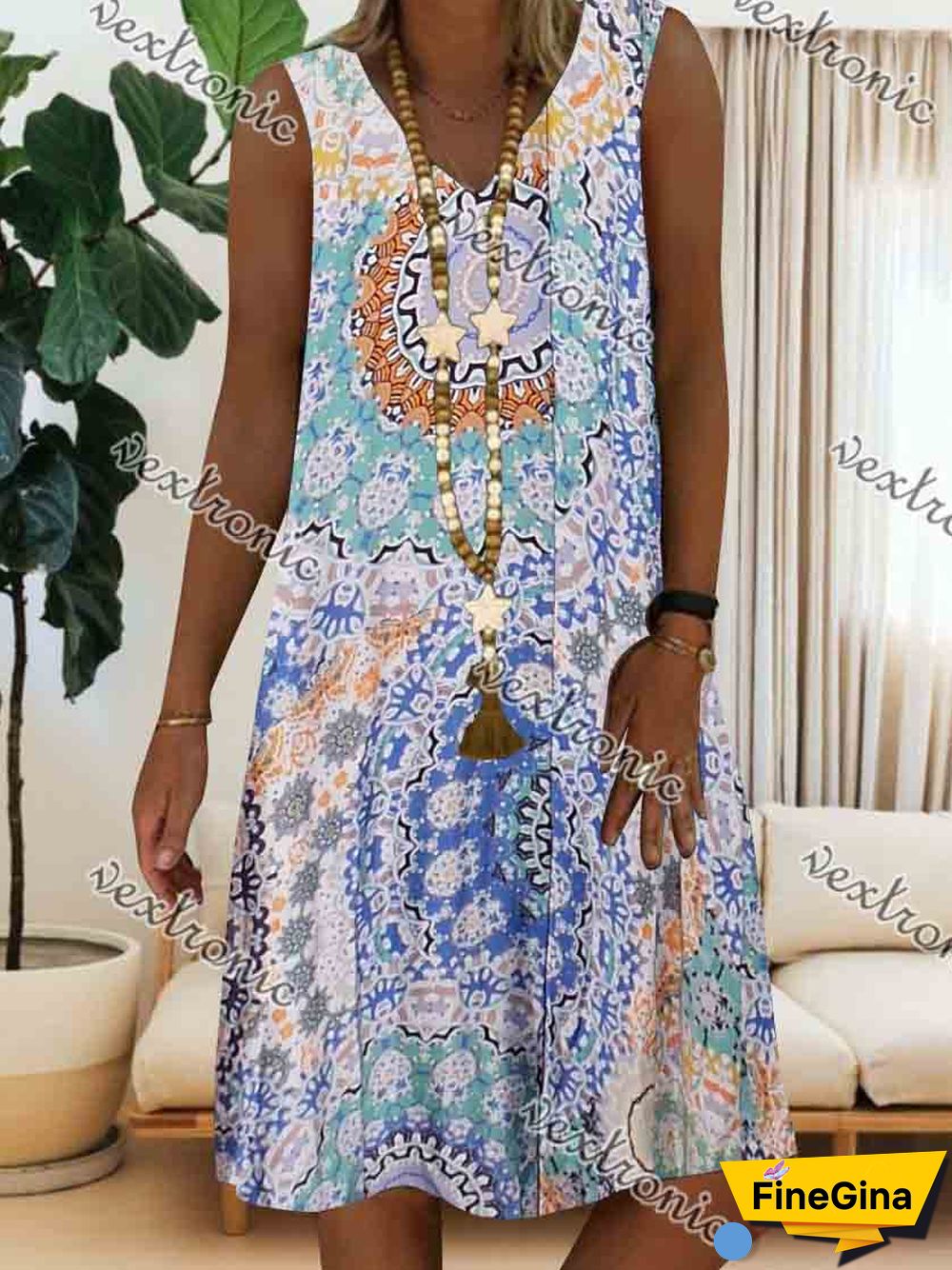 Women Casual Sleeveless V-neck Floral Printed Midi Dress