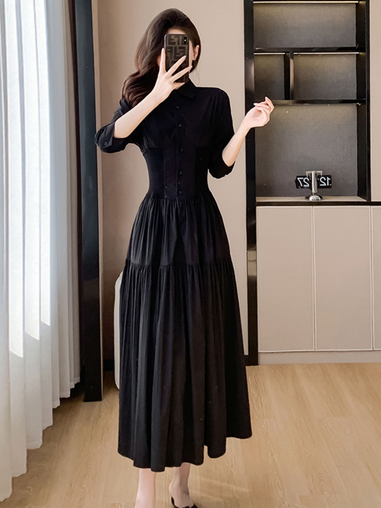 2024 Summer New Elegant Midi Dresses For Women Solid Color Half Sleeve Lace Up Party Office Lady French Female Clothes