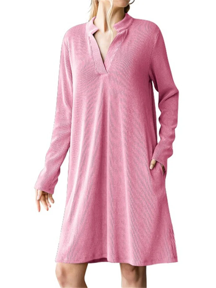 Autumn and Winter New Women's V-neck Long-sleeved Loose Solid Color Dresses-JRSEE
