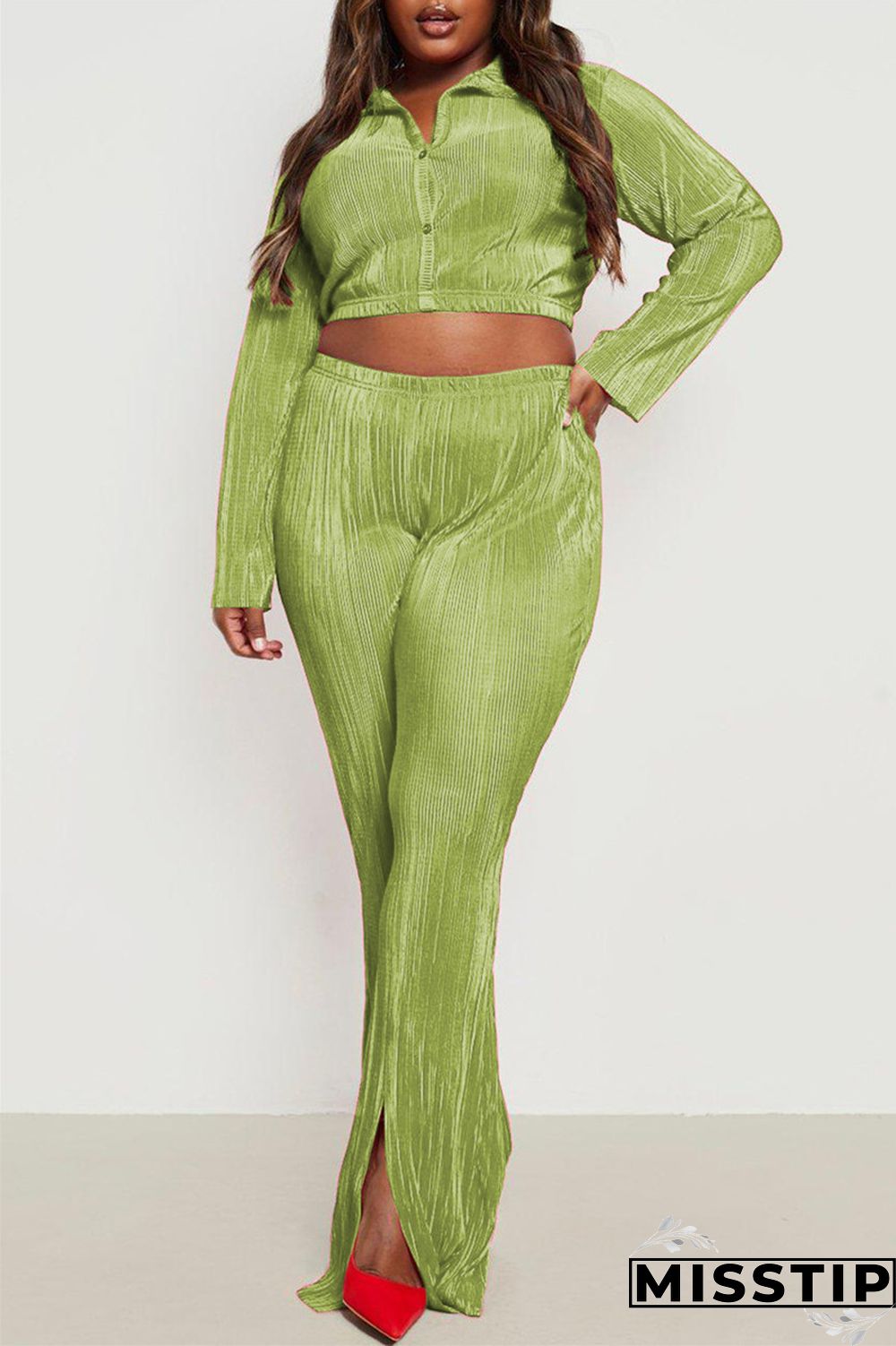 Green Yellow Casual Solid Patchwork Turndown Collar Long Sleeve Two Pieces