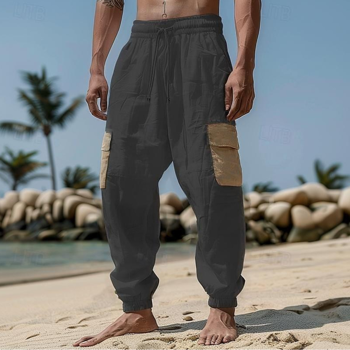 Men's trendy casual solid color pocket trousers