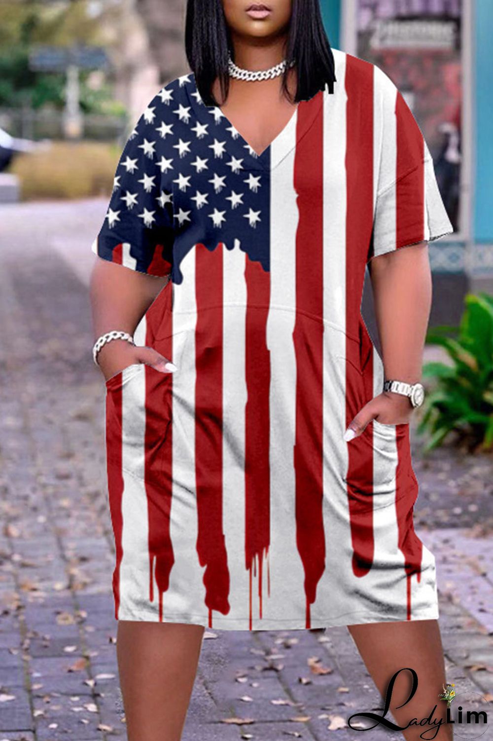 Deep Blue Casual Print Patchwork V Neck Dresses