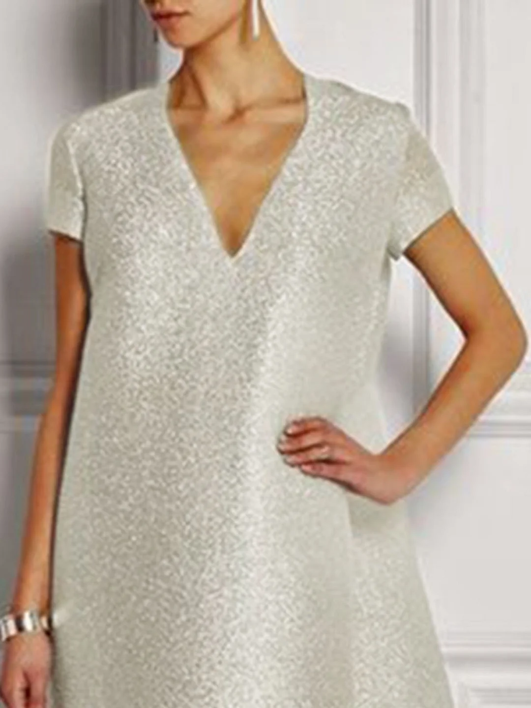 Solid Silver Shift Glitter-finished Elegant Prom Maxi Dress