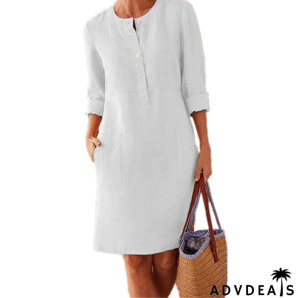 Spring NEW round Neck Solid Color Long Sleeve Dress