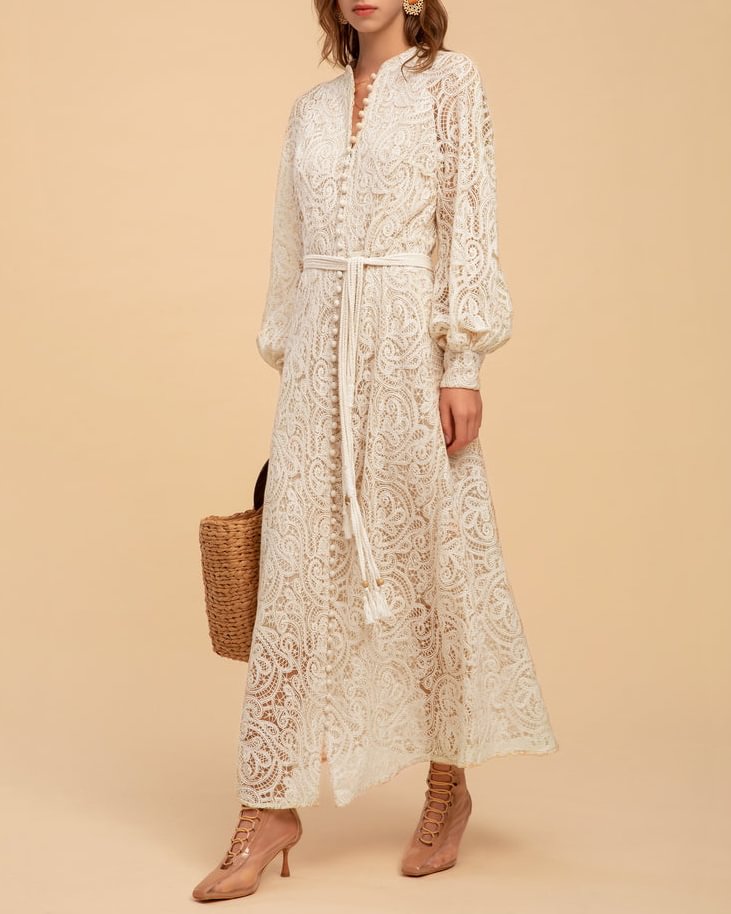 Lace Embroidery Belted Long Dress