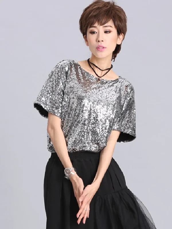 Stylish Round-Neck Sequinned T-Shirt Top