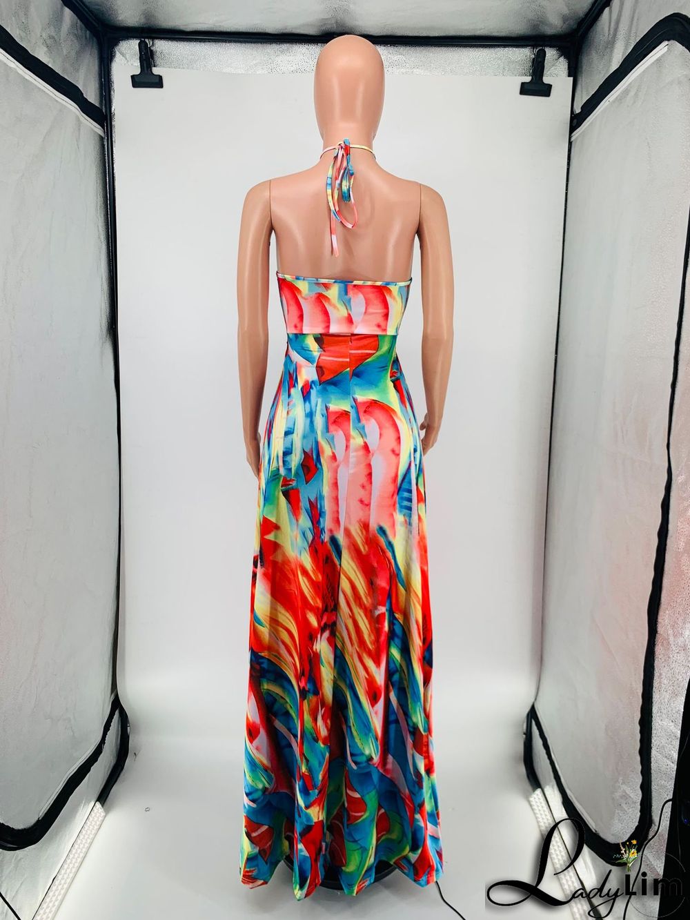 Fashion Sexy Print Halter Lace-Up One Piece Maxi Dress