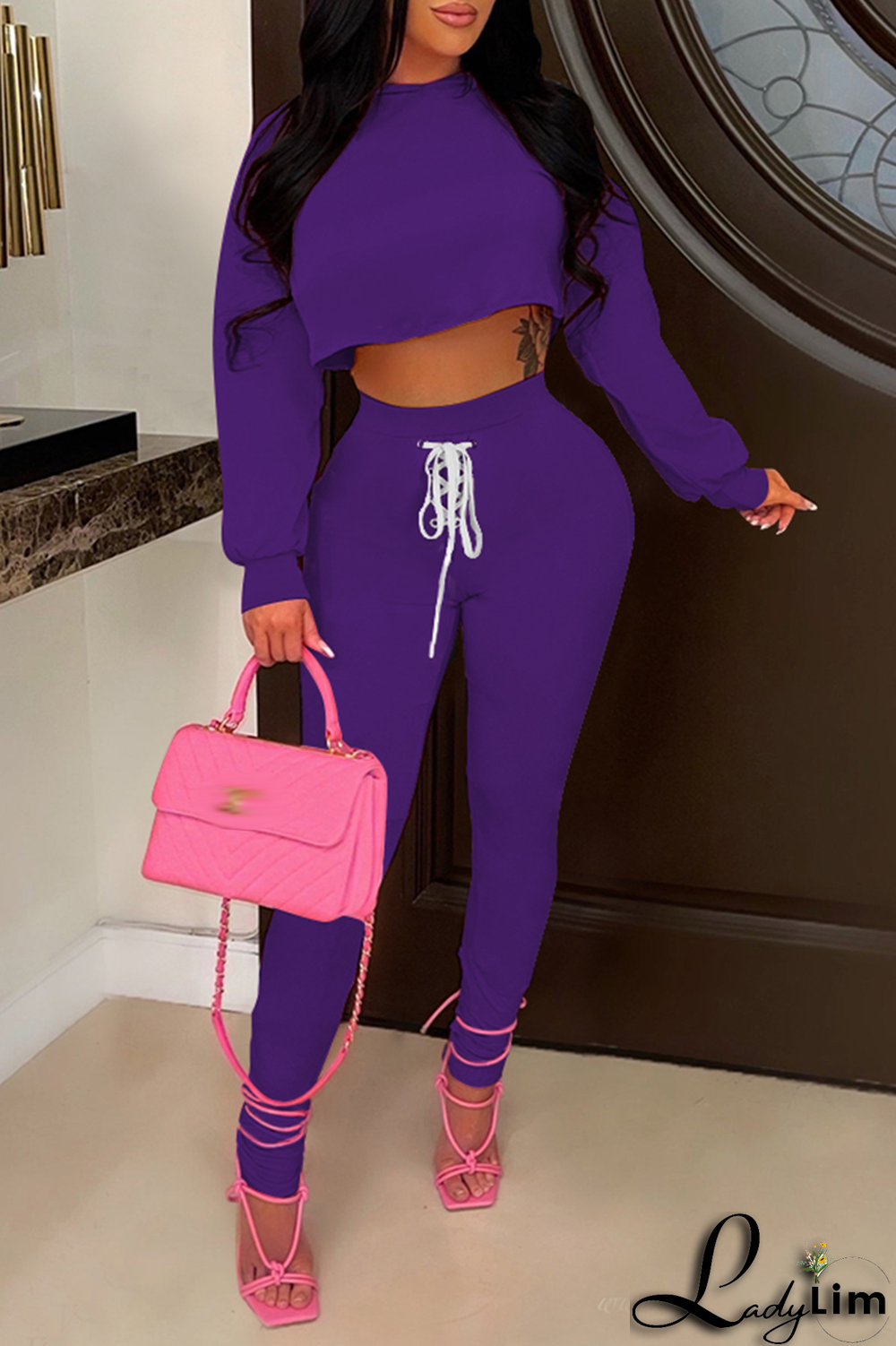 Black Casual Solid Draw String O Neck Long Sleeve Two Pieces