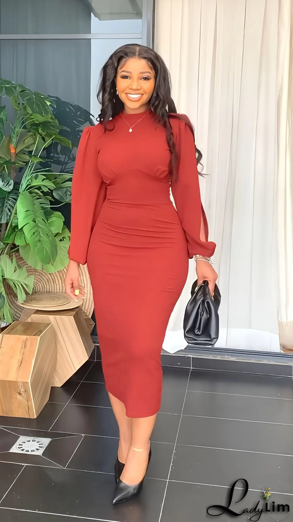 Chic Slit Long Sleeve Elegant Midi Women's Dress