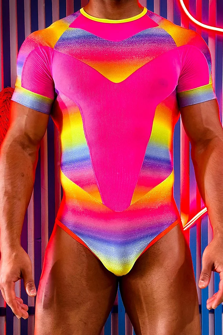 Rainbow Gradient Mesh See-Through Patchwork Bodysuit
