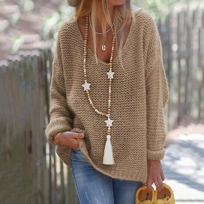 Mongw Mongw Ladies Casual Loose Long Sleeve V Neck Fall Winter Sweater Knit Jumper