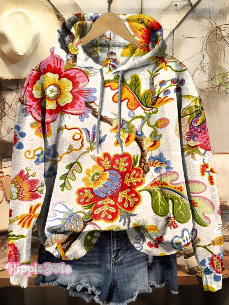 Retro Flowers Print Casual Hoodie Sweatshirt Multicolor / S