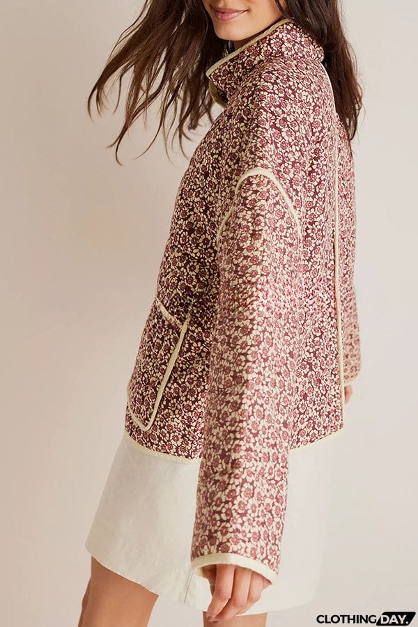 Floral Print Pocket Contrast Concealed Button Cotton Coat