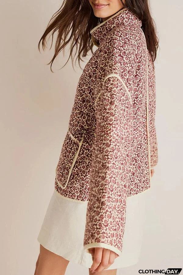 Floral Print Pocket Contrast Concealed Button Cotton Coat