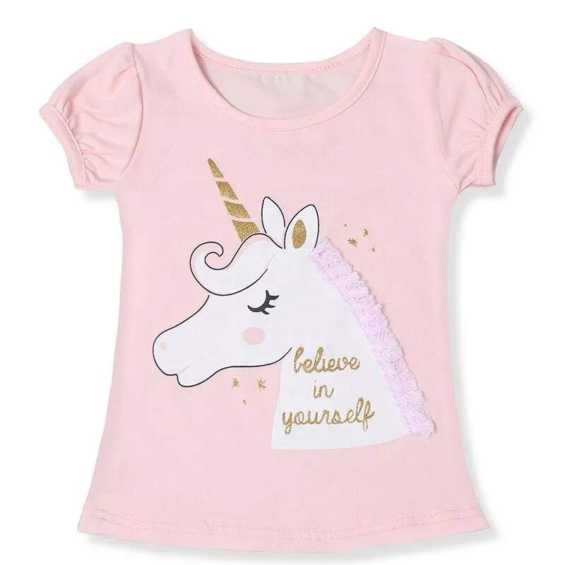 Fashion Unicorn Girls T-shirt Children Short Sleeves White Tees For Boys Baby Kids Cotton Tops For Girls Clothes 3 4 5 6 7 8 Yrs