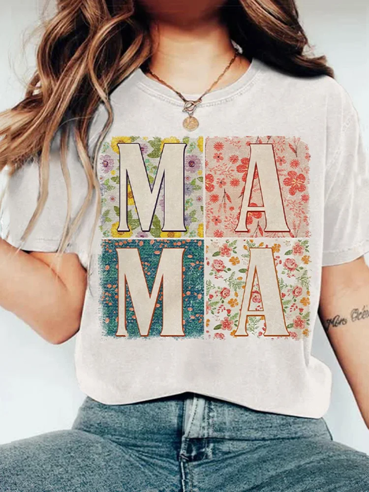 Stylish Floral Mama Letter Print Crew Neck Cozy T-Shirt