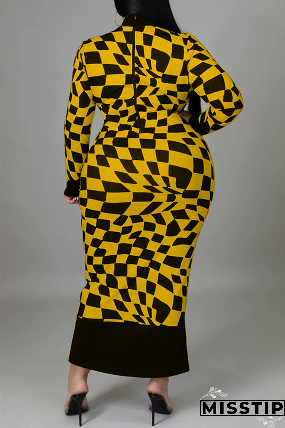 Yellow Casual Plaid Print Patchwork Half A Turtleneck Long Sleeve Plus Size Dresses
