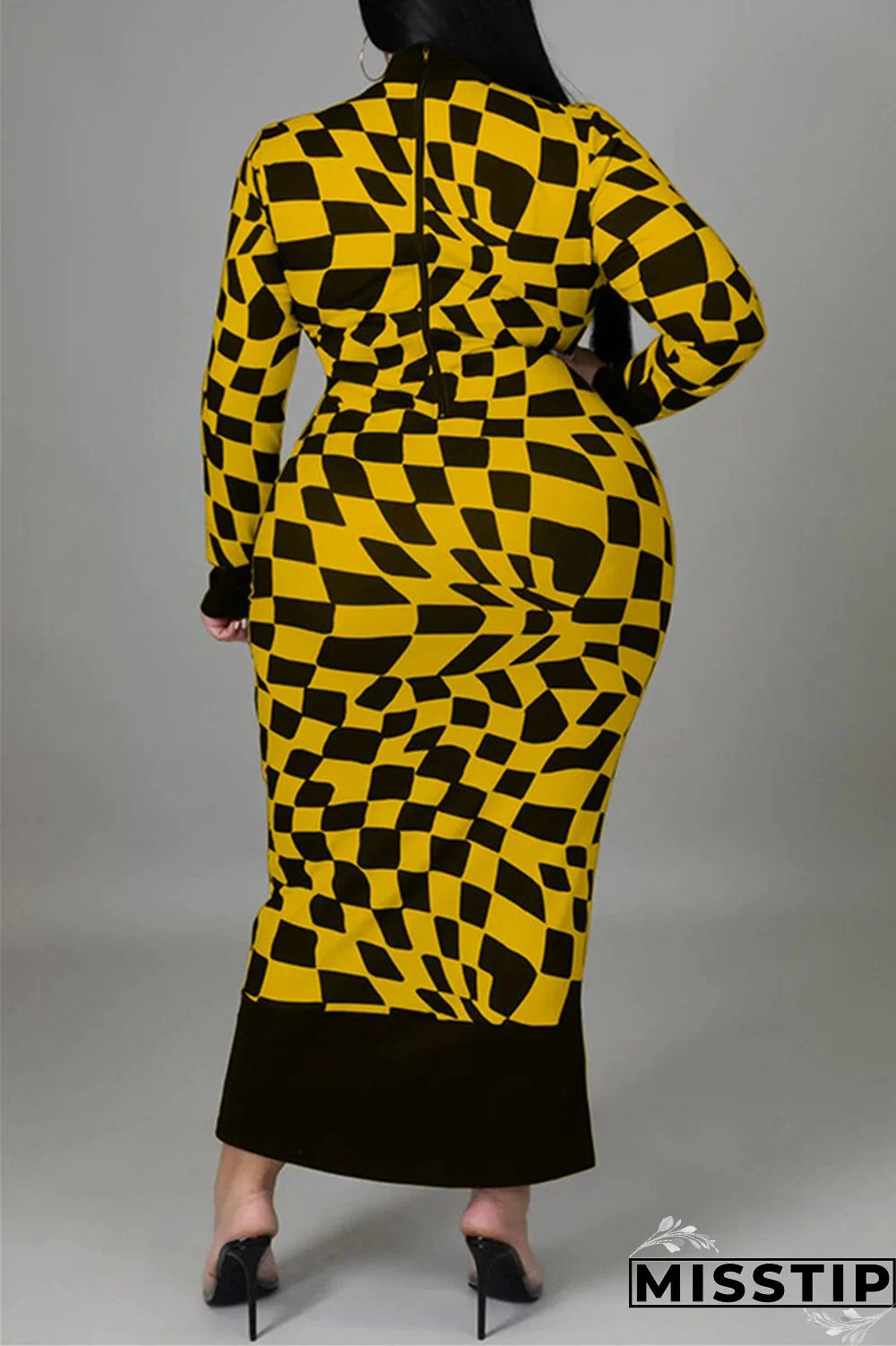 Yellow Casual Plaid Print Patchwork Half A Turtleneck Long Sleeve Plus Size Dresses