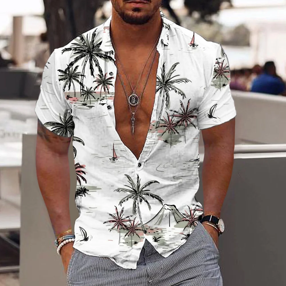 Smiledeer Hawaiian Coconut Tree Print Men's Short Sleeve Shirt