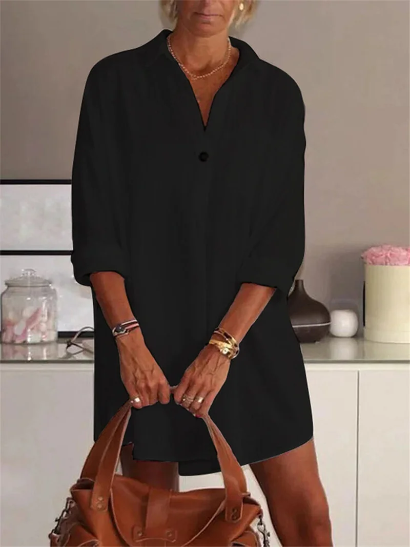 Women's V Neck Long Sleeve Cotton Plus Size Causal Dresses