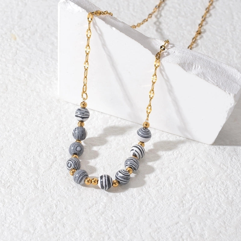 304 Stainless Steel 18K Gold Plated Classic Style Beaded Plating Round Natural Stone Necklace