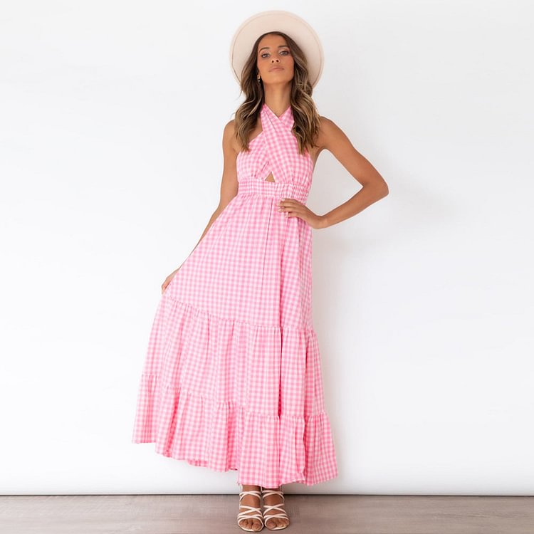 Cross Halterneck Plaid Maxi Dress