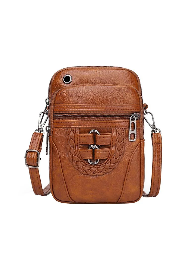Women Soft PU Messenger Bag Multi-layer Shoulder Zipper Phone Pouch (Brown)