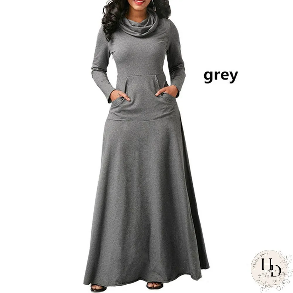 Autumn & Winter Womens Long Sleeve Dress-Pure Colors-Loose Maxi Casual Plus Size S-5Xl