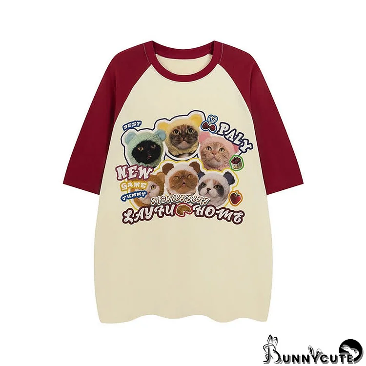 Letter Kitty Print Round Collor Colorblock T-Shirt