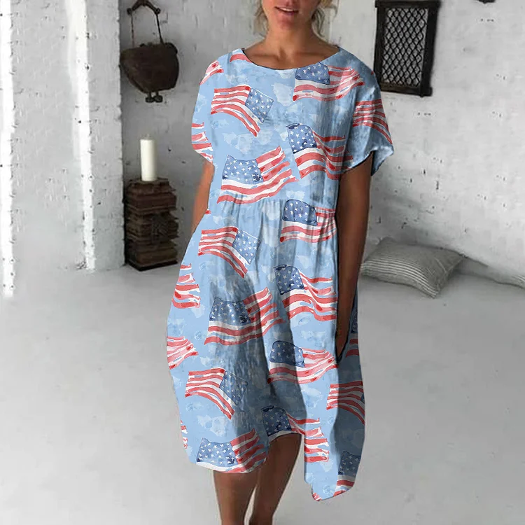 Comstylish Independence Day Flag Print Loose Midi Dress