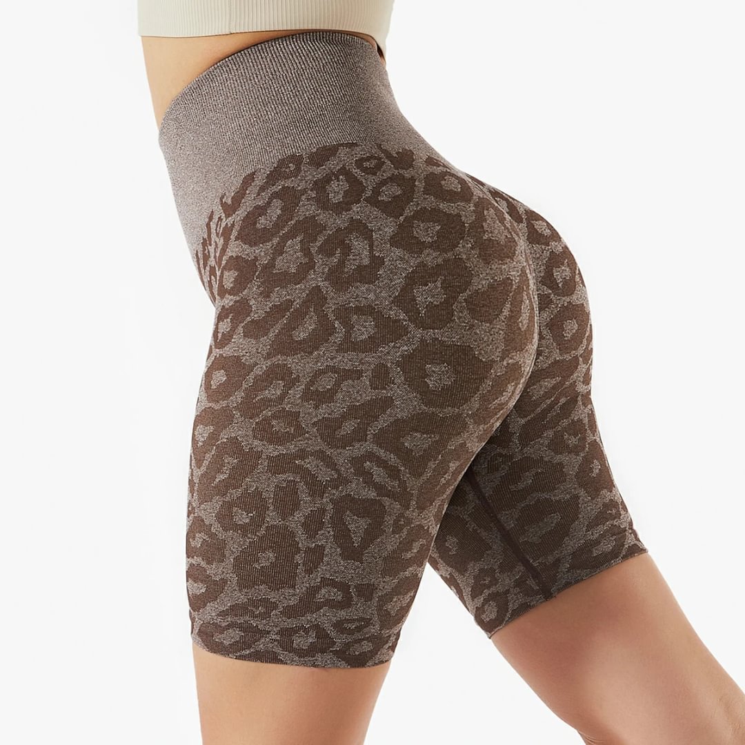 Types of mocha high waist no front seam scrunch butt peach lifting seamless leopard gym hot shorts at a great price on Hergymclothing
