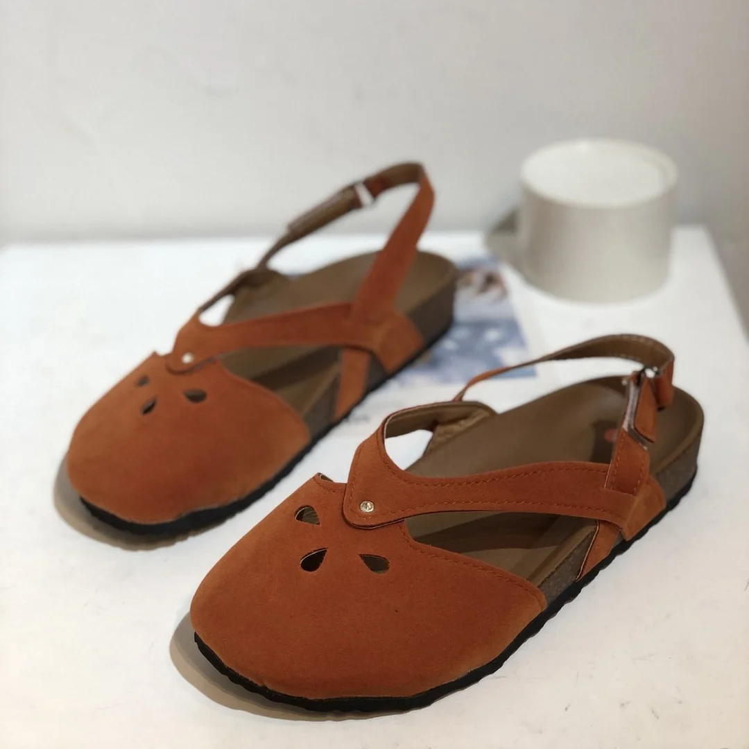 Breakj Breakj Retro Simple Hollowed-In-Head Sandals Women's One-Character Buckle With Flat Velvet Back Empty Single Shoes Wish