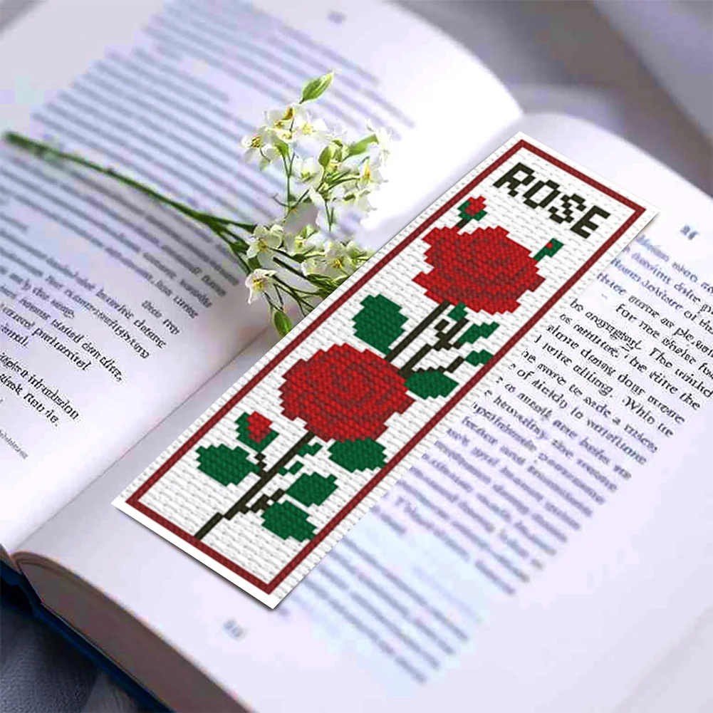 6Pcs Rose DIY Cotton Single-Sided Stamped Needlepoint Bookmark Kit 47x28cm