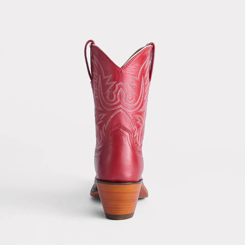 Red Embroidered Stacked Heel Snip Toe Mid-Calf Cowgirl Boots for Women