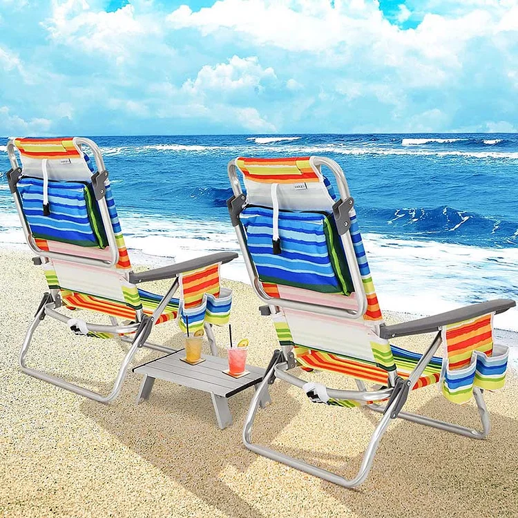 2 Pack 5-Position Outdoor Folding Backpack Beach Chair & Table Set