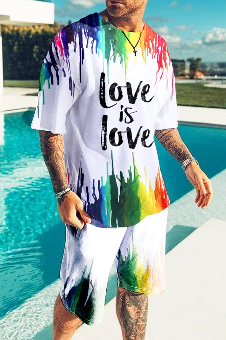 Love Is Love Print T-Shirt And Shorts Two-Piece Set