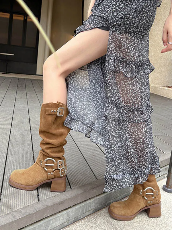 Buckle Round-Toe Split-Joint Velvet Boots Pumps