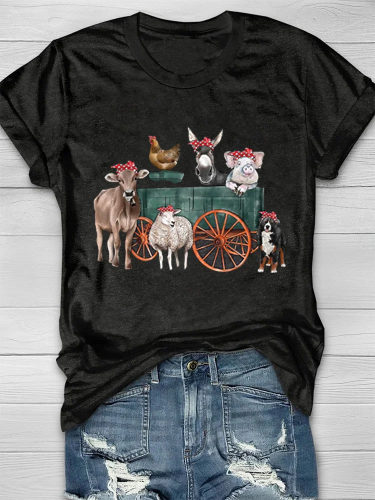 Pig Cattle Sheep Donkey Chicken Dog Printed Women's T-shirt