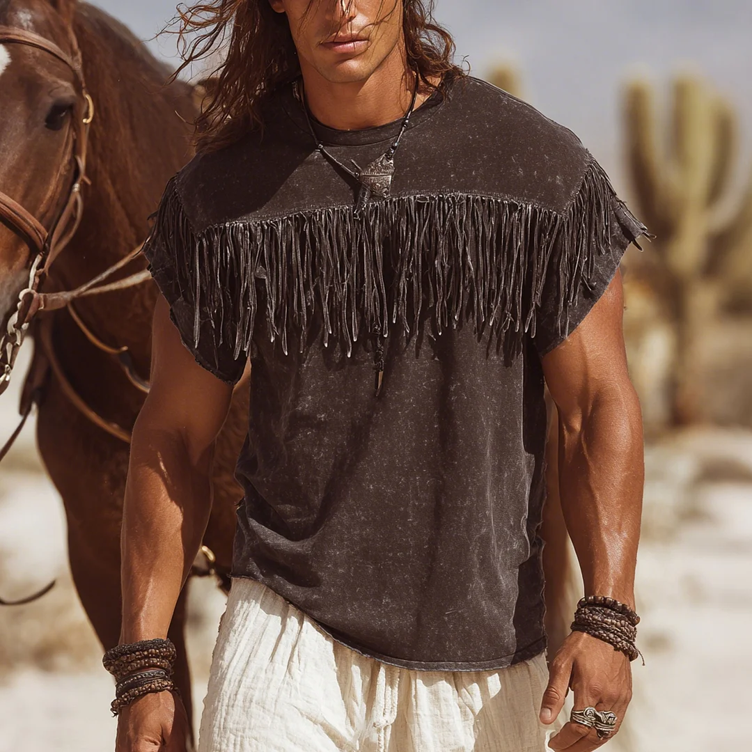 Retro Wild West Distressed Style Fringe Trim Crew Neck Short Sleeve T-Shirt Men's Outdoor Loose Top-inspireuse