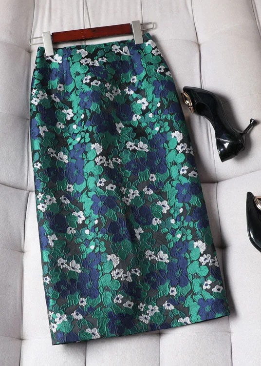 Modern Green Floral Embroideried Patchwork Silk Skirts Spring