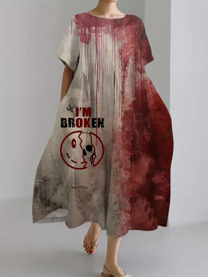 Women's Halloween Bloody "I'm Broken" Design Casual Pocket Loose Dress