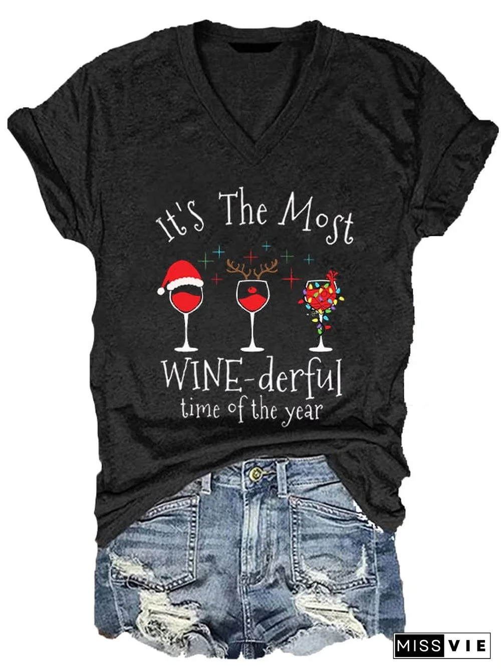 Women's Christmas It's The Most Wine-derful Time of The Year printed V-neck T-shirt