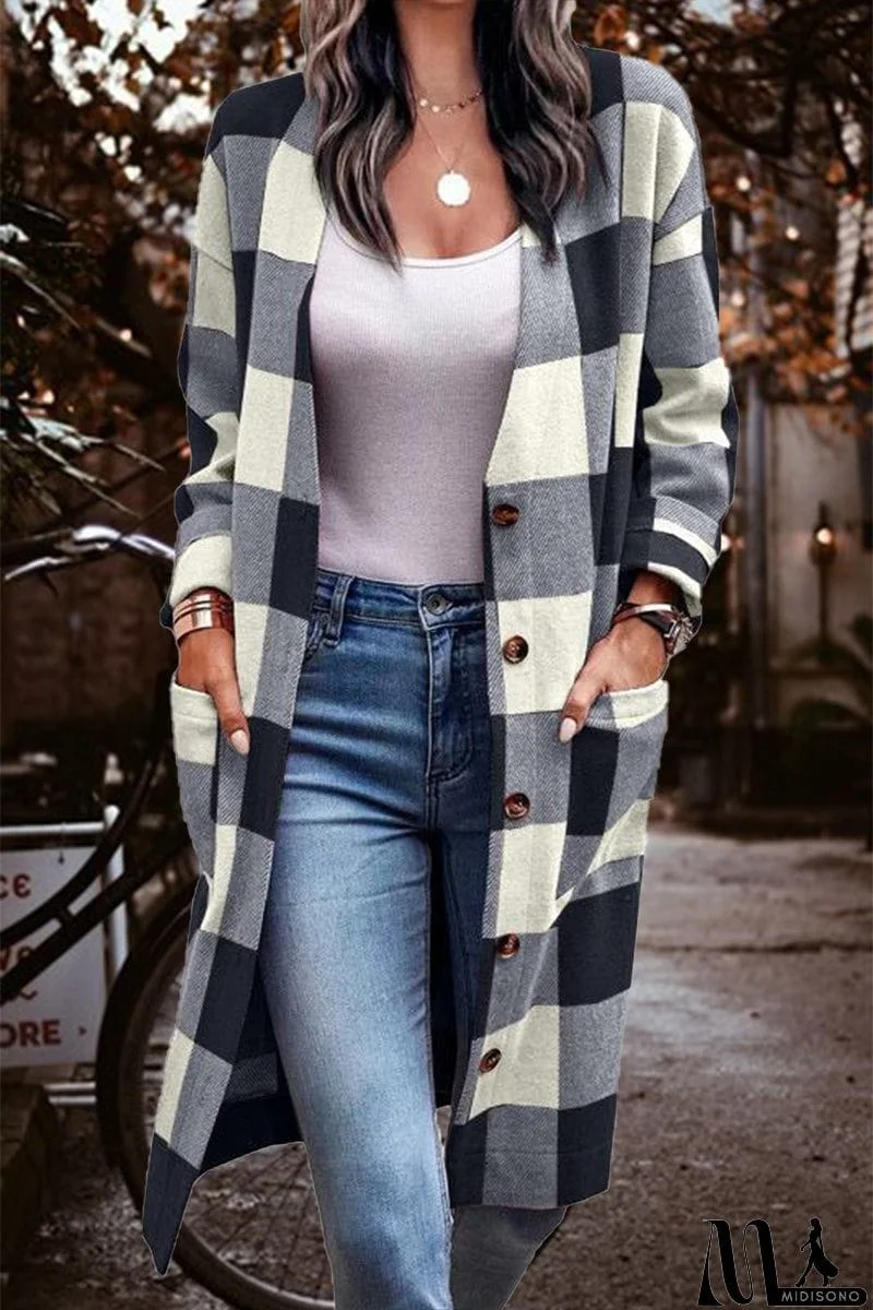 MidiSono - Casual Street Elegant Plaid Striped Pocket Cardigan Collar Outerwear(4 Colors)